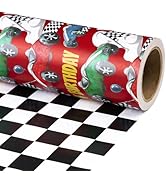 RUSPEPA Reversible Race Car Wrapping Paper Roll, Mini Roll, Red Sports Car and Black Checkered Fl...