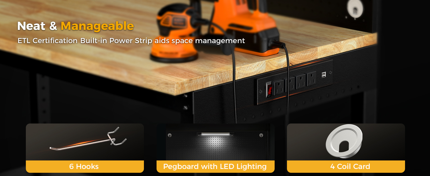 Work Table with ETL Certification Built-in Power Strip