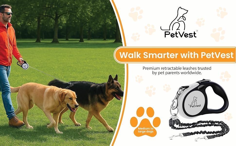 PetVest Dual Retractable Dog Leash,16 FT Tangle-Free, One-Button Brake & Lock, Up to 77 lbs Each