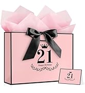 JMANNI 21st Birthday Gift Bag, Pink with Black Satin Bow & Crown Design, Medium Happy 21st Birthd...