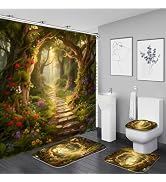 Nkzply 4 Pcs Enchanted Forest Shower Curtain Nature Floral Bathroom Sets with Shower Curtain and ...