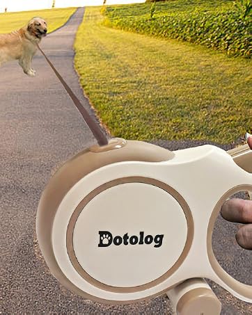 Text reads "Petshop Retractable Lead" and "Free to control safe and durable". Yellow retractable dog leash with black handle featuring Petshop branding, shown extended on pathway with product details and circular closeup of reel mechanism.