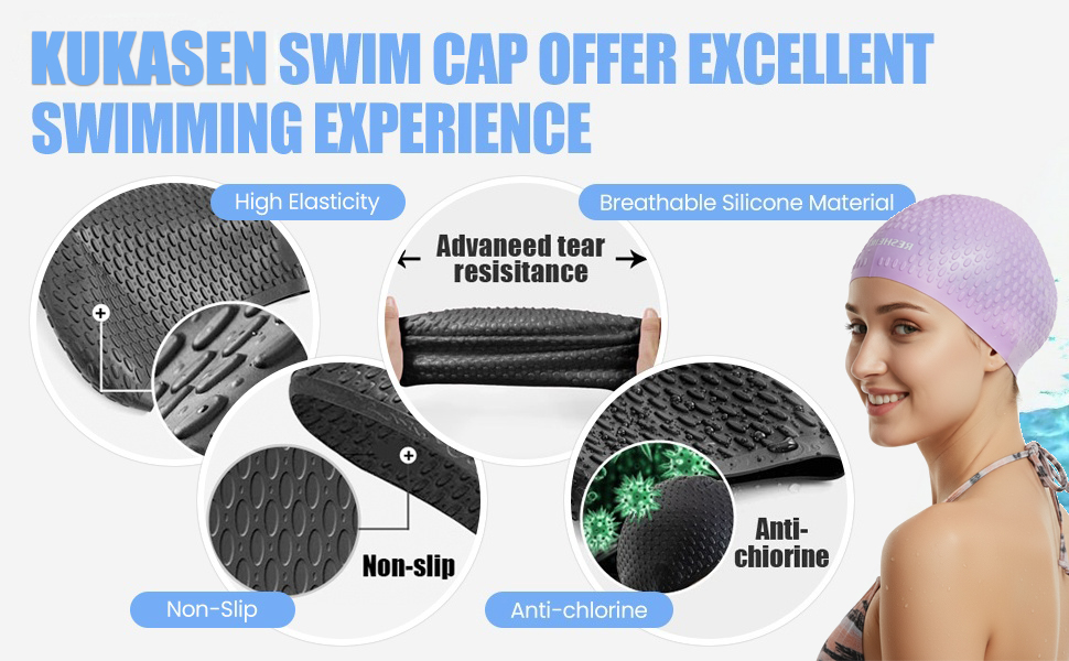 Close-up of KUKASEN silicone swim cap showing high elasticity, tear resistance