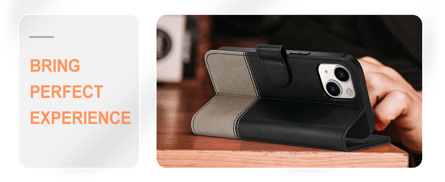 Black leather wallet-style phone case being held open, designed for iPhone, with card slots visible.