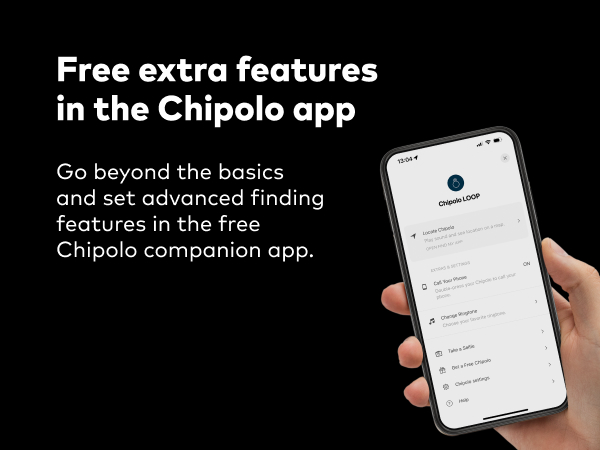 Text reads 'Free extra features in the Chipolo app. Go beyond the basics and set advanced finding features in the free Chipolo companion app.' Smartphone screen displaying app interface with finder features visible.