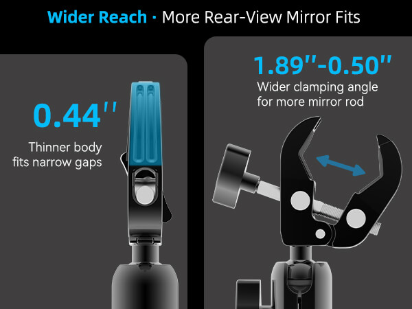 Wider Reach · More Rear-View Mirror Fits