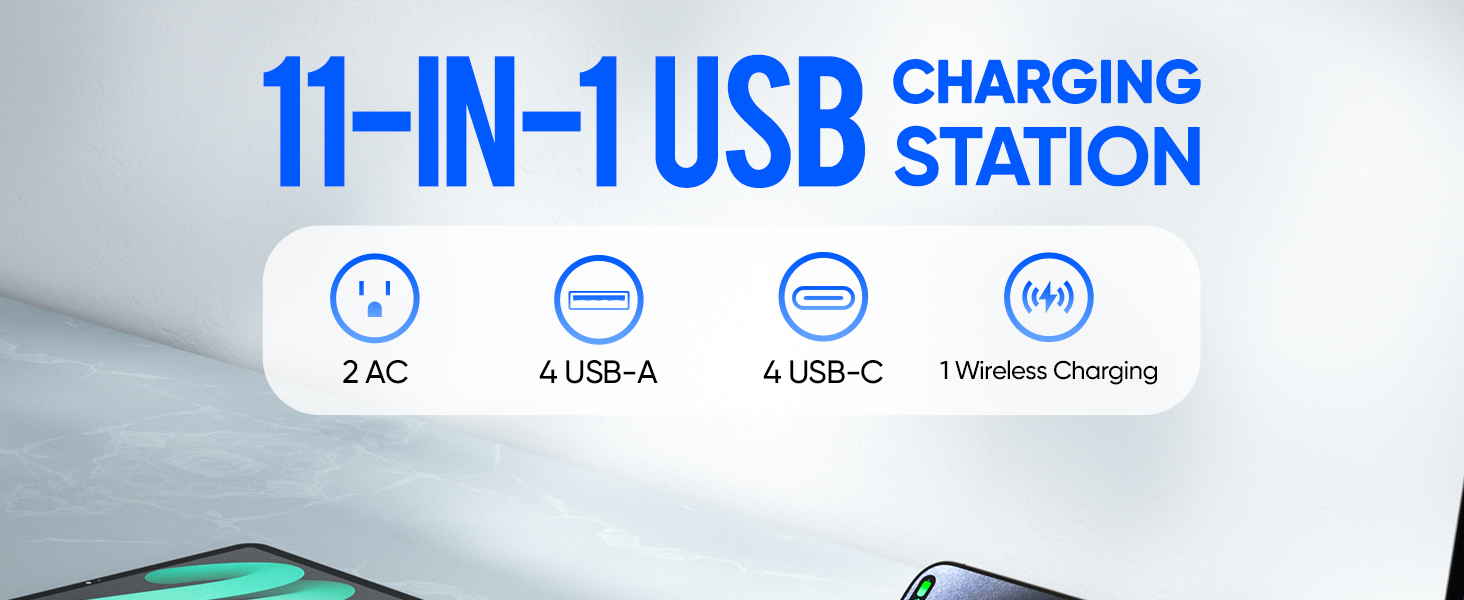 USB Charging Station, USB C Charger Block with 2AC Outlets& Wireless Charger, USB Power Strip