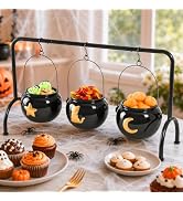ELAMAS Halloween Decor Halloween Party Decorations, Set of 3 Ceramic Witches Cauldron on Rack, Bl...
