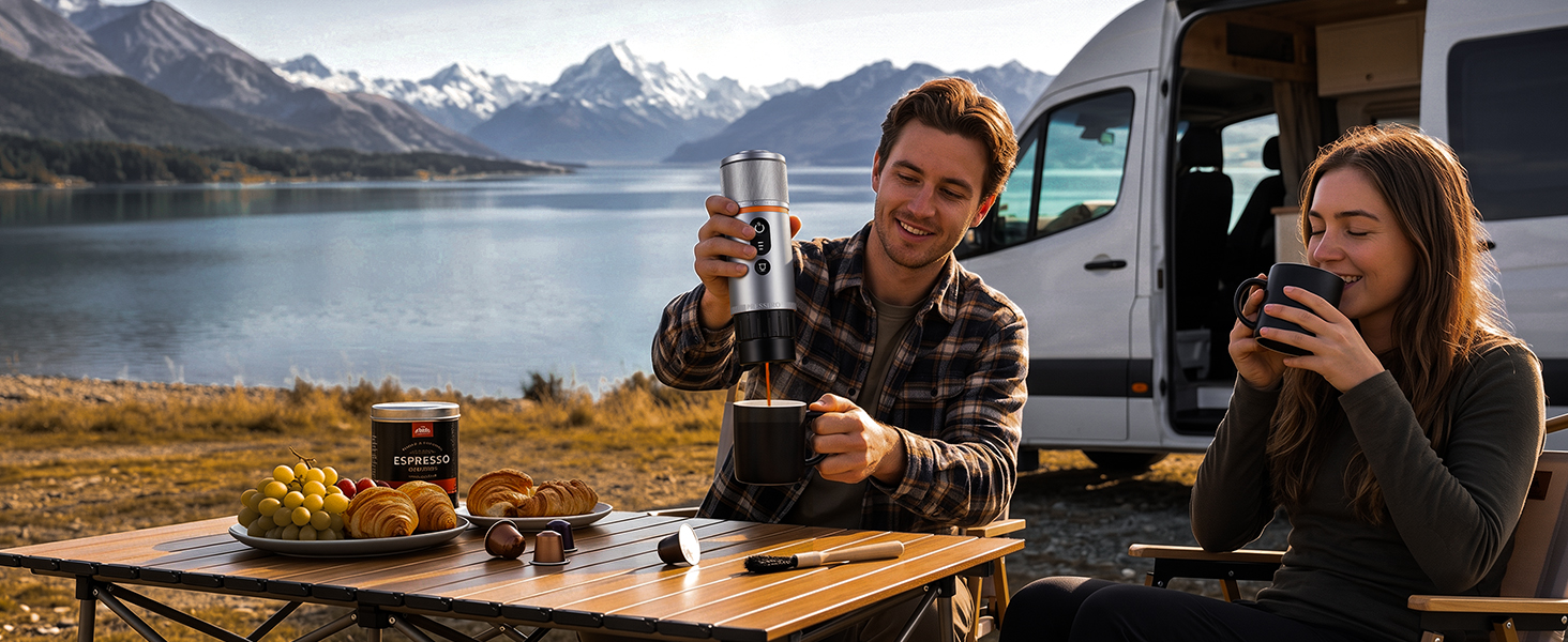 Two people were on a caravan trip, operating the coffee machine and enjoying coffee