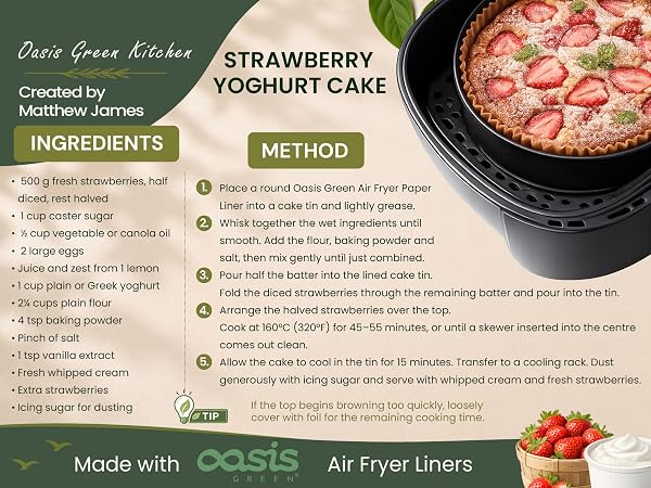 Recipe card for air fryer strawberry yoghurt cake made using Oasis Green air fryer paper liners.