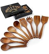 Zulay Kitchen 9-Piece Teak Wooden Utensils for Cooking - Natural Teak Utensil Set with Premium Gi...