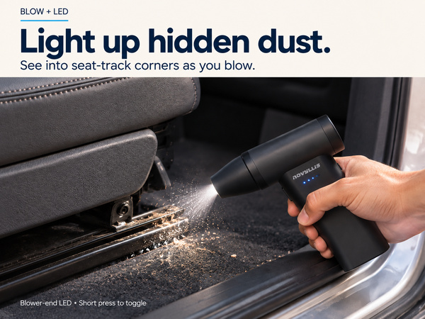 Electric air duster with LED light illuminating and blowing dust from car seat tracks
