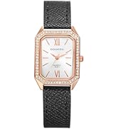 JewelryWe Leather Watches for Women: Ladies Black Rectangular Diamond Elegant Cubic Zirconia Beze...