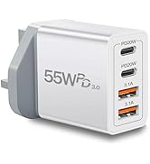 UK Travel Plug Adapter, Type G Plug Adapter 55W 4 Port UK USB C Charger Fast Charging Block UK Ir...