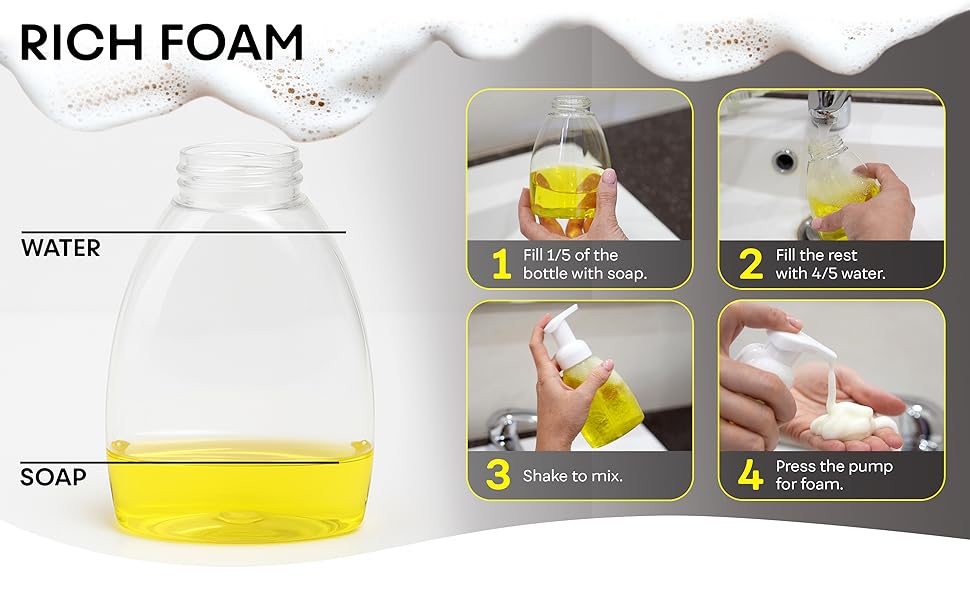rich foam, filling instruction, soap, water, shake