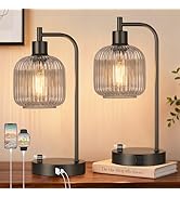 QiMH Industrial Table Lamp for Bedroom Set of 2, Grey Glass Beside Lamp with USB A&C Ports, Stepl...