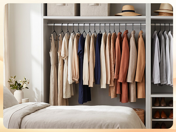 Open closet with black hangers holding shirts, jackets, and pants. Sleek uniform look