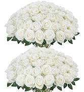 InnoGear 50 Pcs White Roses Artificial Flowers, Fake Velvet Silk Rose Bulk Faux Flower for Decora...