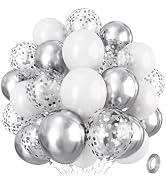 Silver and White Balloons, 12 Inch Metallic Silver White Latex Balloons Set Decor with Silver Con...