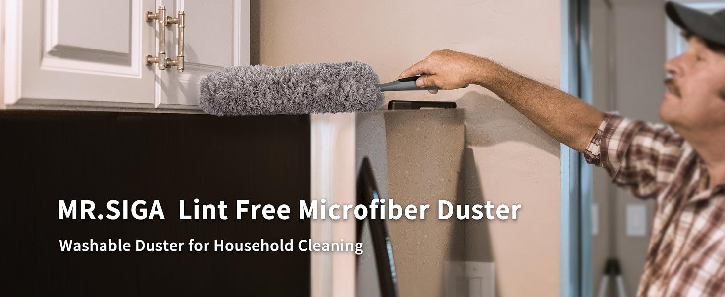 MR.SIGA Lint Free Microfiber Duster being used to clean high surfaces, featuring a gray microfiber head and extendable handle.
