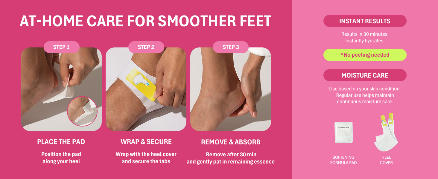 3-step heel mask guide: place pad, wrap with cover, remove after 30 min and pat in essence