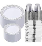 Goodluck 350 Piece Silver Plastic Dinnerware Set for 50 Guests, Plastic Lace Plates Disposable, I...