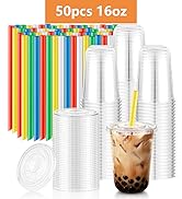 KesaPlan 50 Pack 16oz Clear Plastic Cups with Lids & Colorful Wide Straws, Disposable Smoothie Cu...