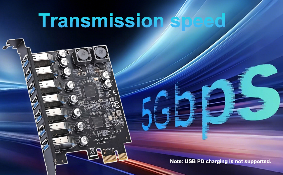 Text reads 'Transmission speed'. Circuit board components shown against blue technological background with dynamic lighting effects.