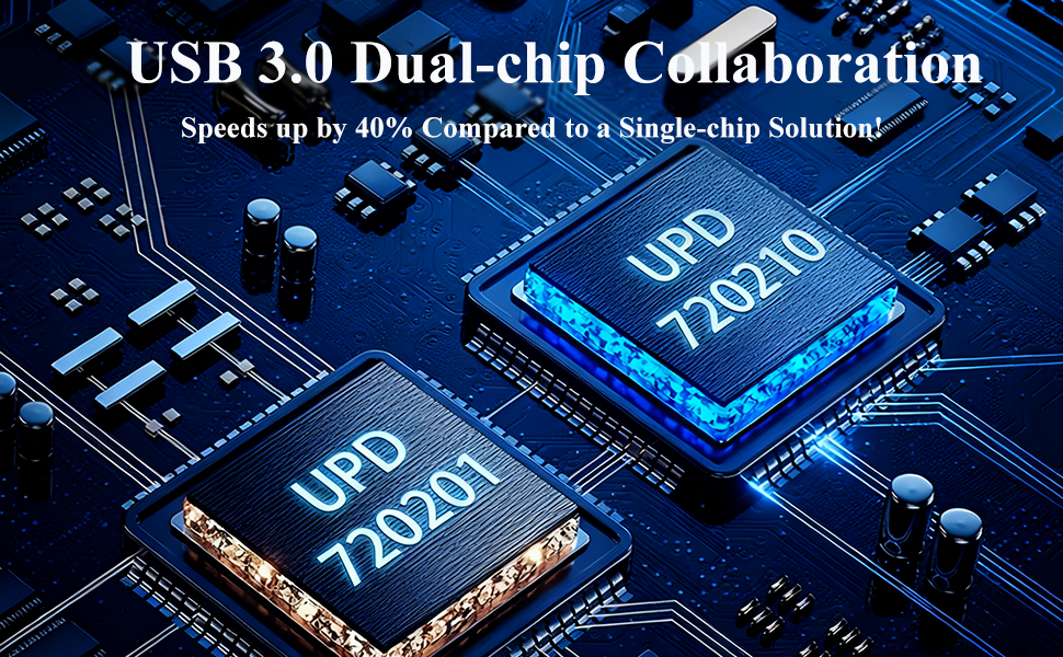 Text reads 'USB 3.0 Dual-chip Collaboration'. Close-up of blue-lit circuit board with electronic components and chips, highlighting technological features.