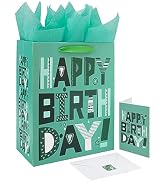 13" Large Green Gift Bags Set with Greeting Card and Tissue Papers (Green Happy Birthday) for Men...