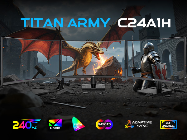 Text reads 'TITAN ARMY C24A1H'. Gaming monitor promotional image showing dragon and knight scene. Display specifications icons show 240Hz, HDR, and adaptive sync compatibility.