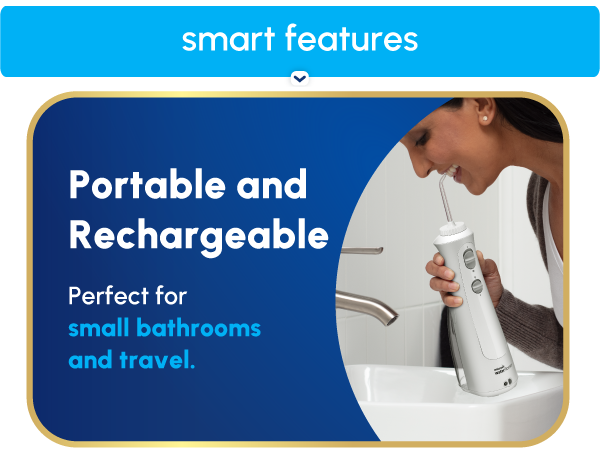 Image of Waterpik flosser and reservoir with text reading portable & rechargeable.