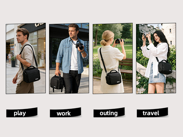 Four panel image showing shoulder bag usage scenarios labeled 'play', 'work', 'outing', and 'travel' with people wearing the same bag in different settings.