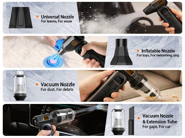 multi nozzles for vacuum and air blower including universal nozzle inflatable nozzle and tube