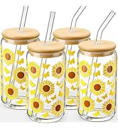 DWTS DANWEITESI Glass Cups with Lids and Straws with Design Sunflower 4 pcs,Clear Glass Cups 16 o...
