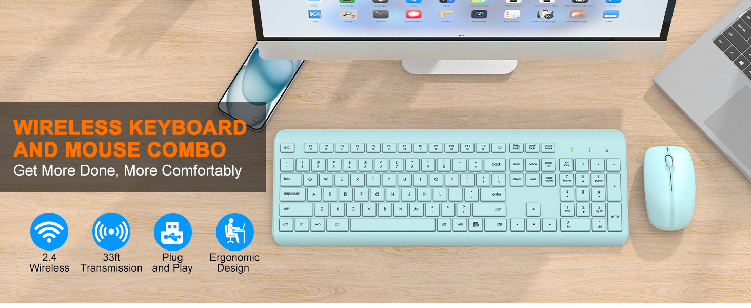 Wireless Keyboard and Mouse Combo Full Size Silent Ergonomic Keyboard Mouse Cordless Mouse Keyboard