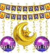 Ramadan Decorations for Home 2024, Ramadan Mubarak Banner with Aluminium Film Balloons and Moon S...
