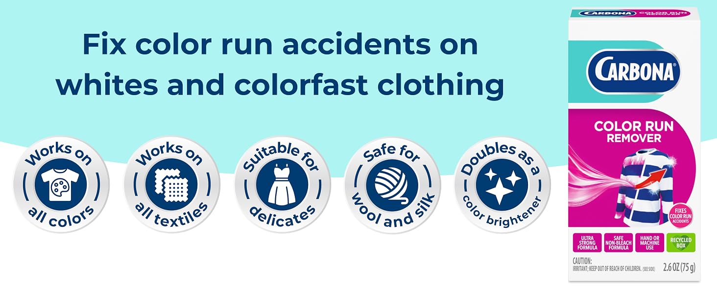 Carbona color run remover for whites and colorfast fabrics affected by dye transfer in laundry