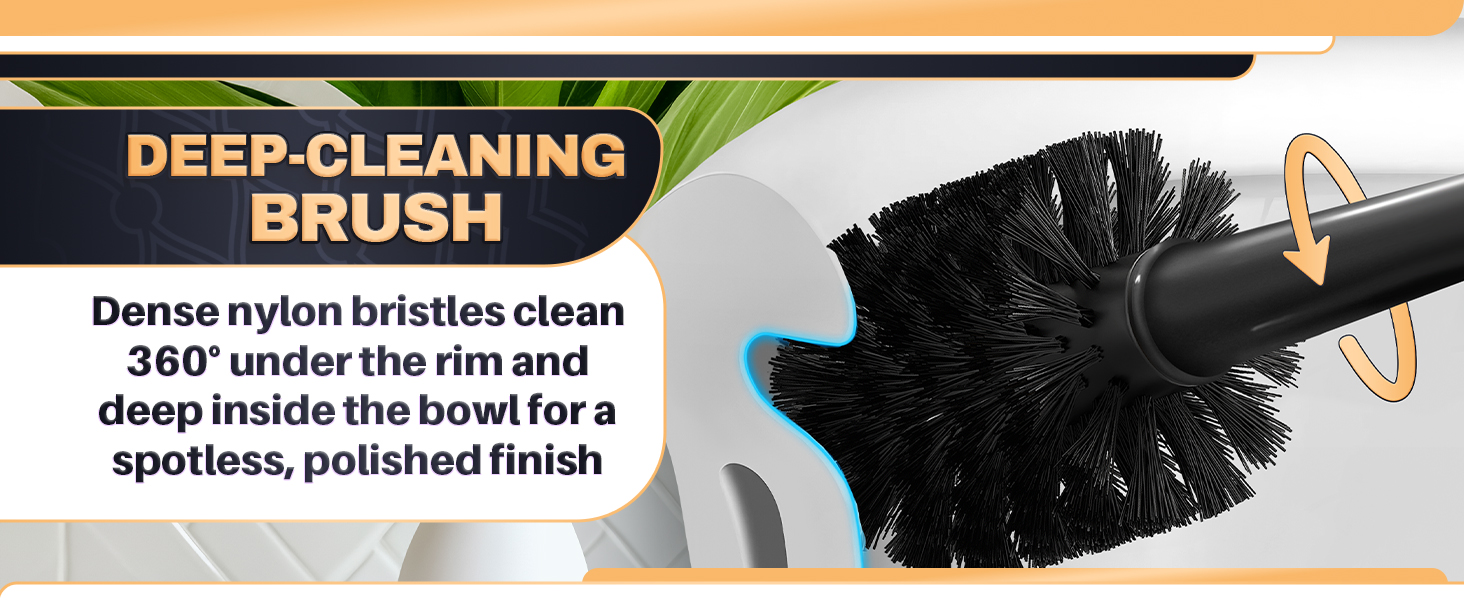 Black bristle head of a toilet bowl scrubber and plunger set fans out in a tight dense ring