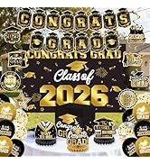 Graduation Decorations 2026, Black and Gold Congrats Grad Banner, Class of 2026 Backdrop, Card Bo...