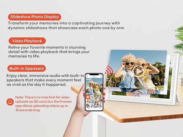 frameo digital picture photo video frame smart wifi HD IPS touch screen slideshow 32GB auto rotate