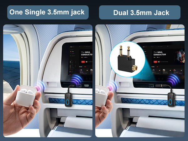Text reads 'One Single 3.5mm jack' and 'Dual 3.5mm Jack'. Technical product images showing audio jack connections and interface displays.
