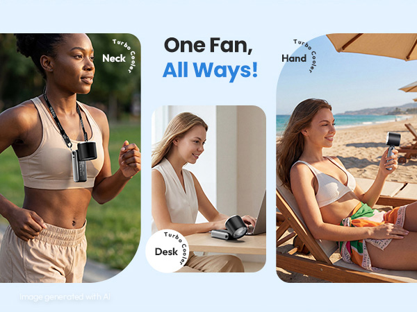 Text reads 'One Fan, All Ways!' with labeled modes: 'Hand', 'Desk', and 'Neck'. Portable fan shown in three usage scenarios - woman exercising holding fan, desk-mounted white fan, and woman using as neck fan at beach. Demonstrates multi-positional functionality.