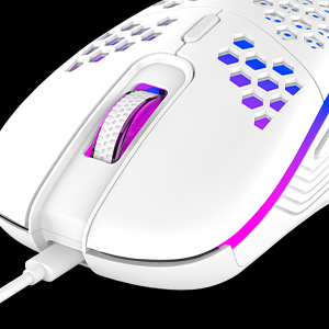 White gaming mouse with honeycomb-pattern side panels featuring RGB lighting in purple and blue. Includes braided cable and ergonomic design with textured grip surfaces.