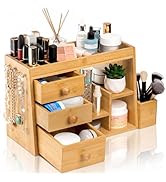 Elsjoy Large Countertop Bamboo Makeup Organizer with 3 Drawers, 12-Grid Lipstick Holder, Jewelry ...