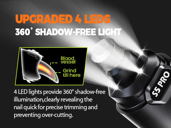 dog nail grinder with upgare 4leds shadow-free light
