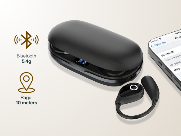Black open ear earbuds and case beside phone Bluetooth screen showing 10 m range