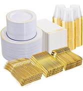 NOCCUR 700PCS Gold Plastic Plates - Gold Disposable Dinnerware Set for 100 - Include 200 Dinner/D...