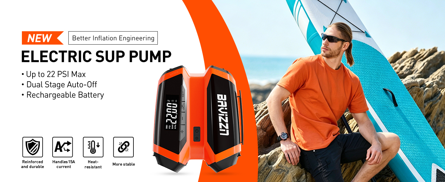 Text reads "ELECTRIC SUP PUMP" with product features listed. Orange and black portable electric pump displayed with person in orange jacket on water with inflatable board in background.