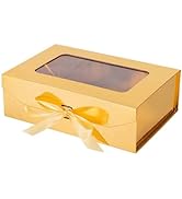 PLINJOY Gold Gift Box for Presents with Ribbon 10.8x7.5x3.5 Inches Clear Gift Box with Window Mag...